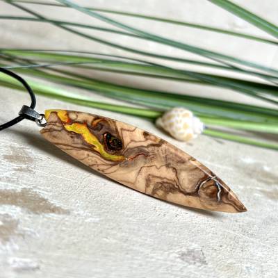 Surfbrett-Anhänger aus Olivenholz & fluoreszierendem Harz – Handgefertigtes Unikat