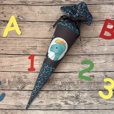 supercoole Schultüte Zuckertüte in grau Petrol mint mit Dino Motiv