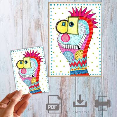 Illustration, Postkarte, Poster, bunter Freak, handgemalt, PDF Download