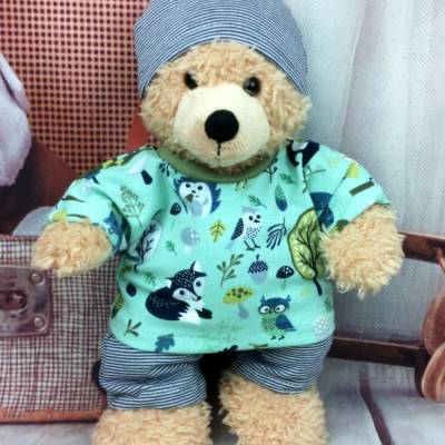 Bären Kleidung Oberteil Wildnis hellgrün Hose und Mütze geringelt grau passend für Bär Pluschtiere 28 cm Neu