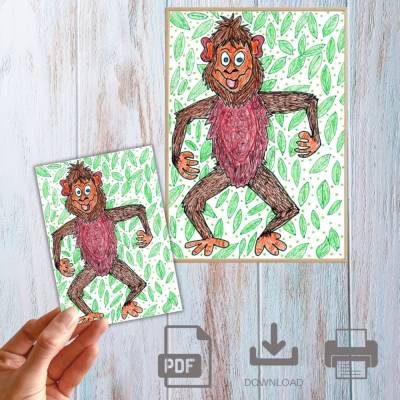 Illustration, Postkarte, Poster, lustiger Affe, handgemalt, PDF Download