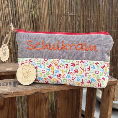 Schulkram Schlampermäppchen – orange ABC Stiftemappe mit Stickerei, individuelles Federmäppchen