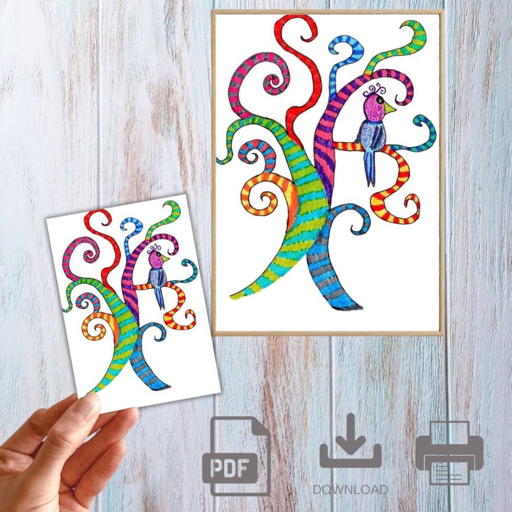 Illustration, Postkarte, Poster, Paradiesvogel, handgemalt, PDF Download Bild 1