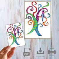 Illustration, Postkarte, Poster, Paradiesvogel, handgemalt, PDF Download Bild 1