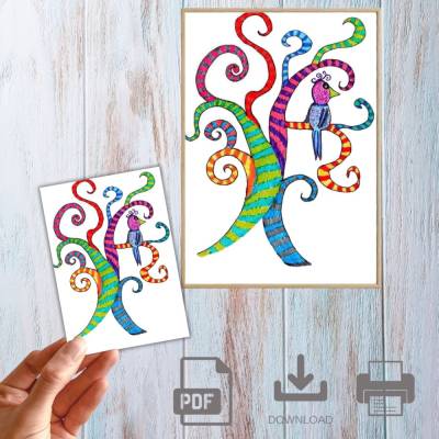 Illustration, Postkarte, Poster, Paradiesvogel, handgemalt, PDF Download