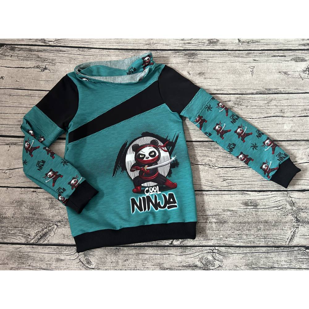 supercooles dünnes Sweatshirt Pulli mit Ninja-Panda in Petrol gr