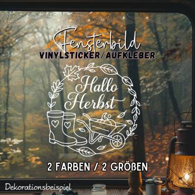 Hallo Herbst Schubkarre Stiefel saisonaler Aufkleber herbstliches Fensterbild Sticker exklusiv