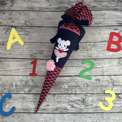 zauberhafte Schultüte in Dunkelblau Lachs-Pink mit Ballerina Maus Blume