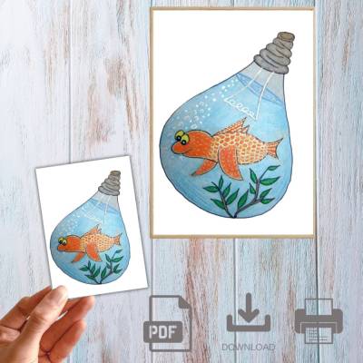 Illustration, Postkarte, Poster, Goldfisch in Glühbirne, handgemalt, PDF Download