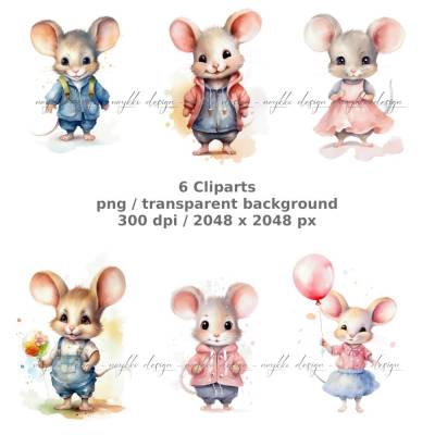Mäuse-Clipart-Bundle (6 Aquarell-Illustrationen) für Printables, Sublimation, kommerzielle Nutzung