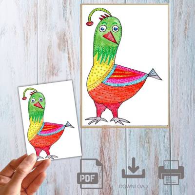 Illustration, Postkarte, Poster, Paradiesvogel Hahn, handgemalt, PDF Download