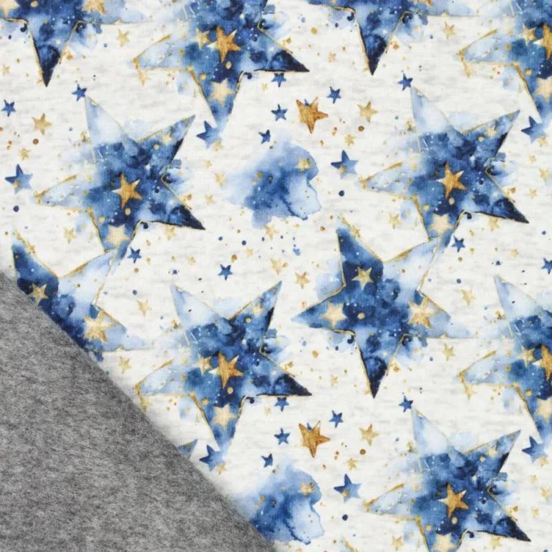 ♕ Alpenfleece Stoff mit Sternen blau ecru 50x 150 cm Kuschelsweat ♕