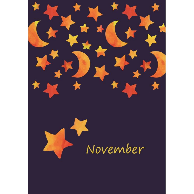 Postkarte, Monatskarte November, Sternenhimmel mit Mond und Sternen auf Dunkelblau