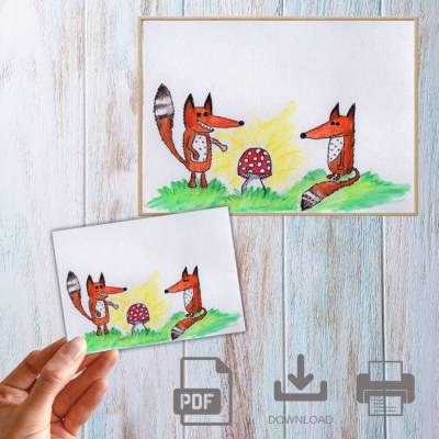 Postkarte, Poster, Illustration , zwei Füchse, handgemalt, PDF Download