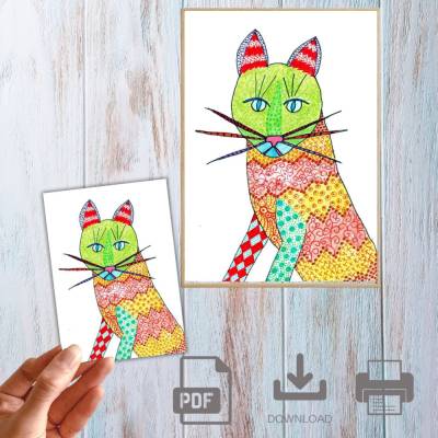 Postkarte, Poster, Illustration , bunte Katze, handgemalt, PDF Download