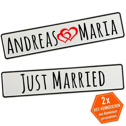 Kennzeichen für die Ewigkeit: Personalisierte Aluminium Kennzeichen für Brautpaare! Vilee Farben und Motive möglich