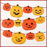 Halloween Girlande Basteln mit fröhlichen Kürbisgesichter Vorlagen zum Ausdrucken Bild 1