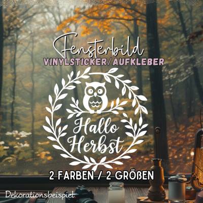 Herbstkranz Hallo Herbst Eule Sticker saisonaler Aufkleber herbstliches Fensterbild Sticker exklusiv