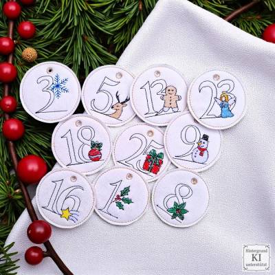 Stickdateien Adventskalenderzahlen Shabby-Stil ITH ab 10x10 – inkl. Mehrfachbögen & Bonus 25
