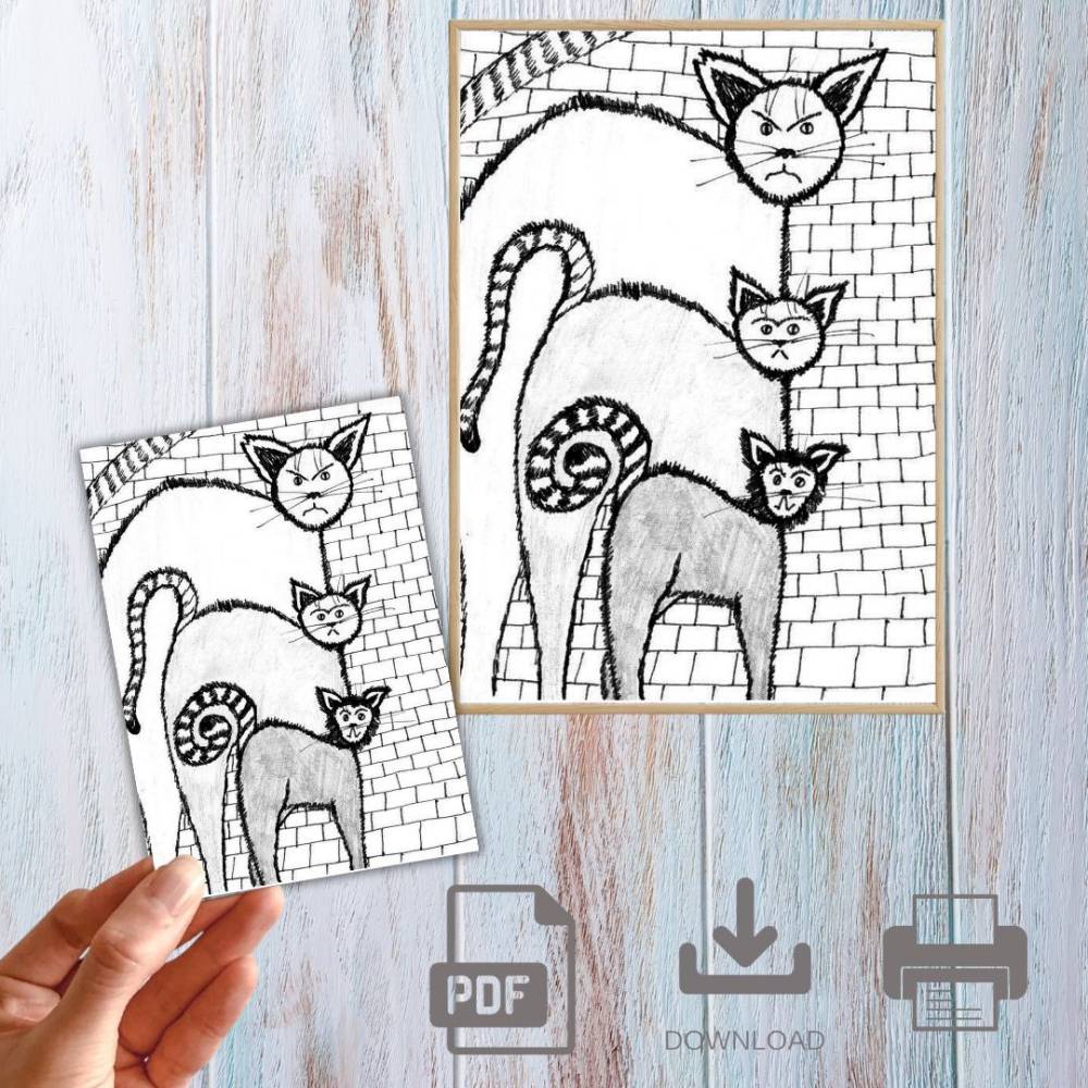 Postkarte, Poster, Illustration , Straßenkater Bande, handgemalt, PDF Download Bild 1
