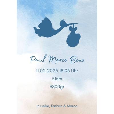 Babykarte DIN A5 mit Storch personalisiert – Namen, Geburtsdaten & Gruß der Eltern