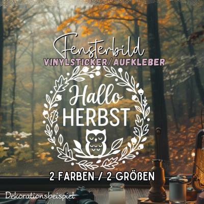 Herbstkranz Hallo Herbst Eule 2 Sticker saisonaler Aufkleber herbstliches Fensterbild Sticker exklusiv
