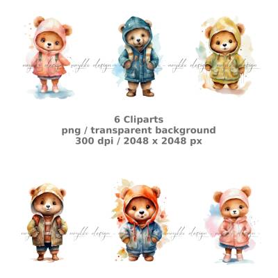 Bärchen-Clipart-Bundle (6 Aquarell-Illustrationen) für Printables, Sublimation, kommerzielle Nutzung