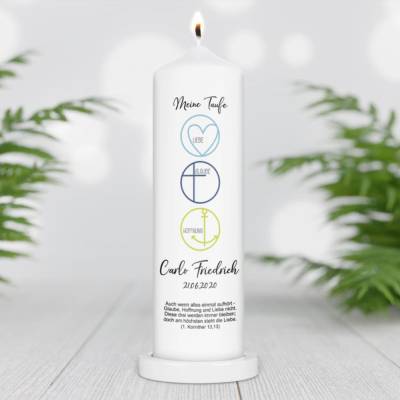 Taufkerze personalisiert mit Namen Datum und Taufspruch 