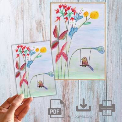 Postkarte, Poster, Illustration ,Vogel auf der Blumen Schaukel, handgemalt, PDF Download