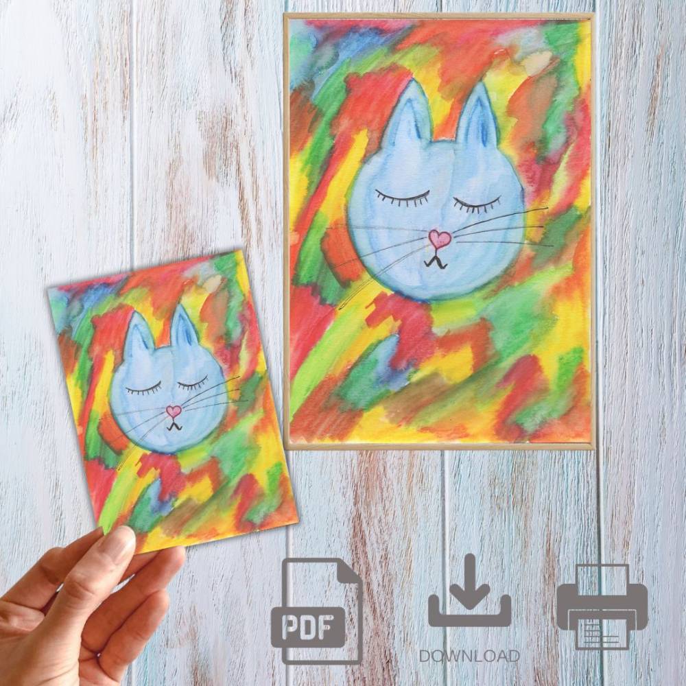 Postkarte, Poster, Illustration ,bunte  müde Katze, handgemalt, PDF Download Bild 1