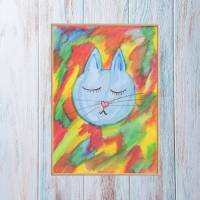 Postkarte, Poster, Illustration ,bunte  müde Katze, handgemalt, PDF Download Bild 2