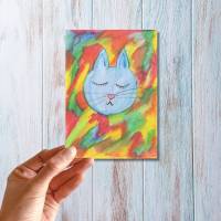 Postkarte, Poster, Illustration ,bunte  müde Katze, handgemalt, PDF Download Bild 3