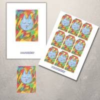 Postkarte, Poster, Illustration ,bunte  müde Katze, handgemalt, PDF Download Bild 5