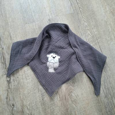 Kuscheliges graues Musselinhalstuch für Kinder mit Teddyapplikation