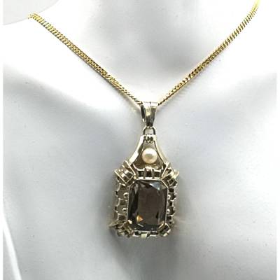 Art Deco Rauchquarz Anhänger mit Perle, Pforzheim – Vergoldet & inklusive 50 cm Kette