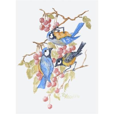 Handgemaltes Aquarellbild „Meisen im Kirschbaum“ – Unikat 28 x 20 cm Hochformat