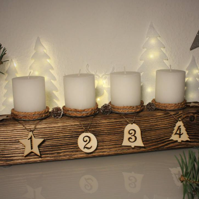 Adventsbalken aus Holz mit weißen Kerzen / Adventsgesteck / Adventsdeko