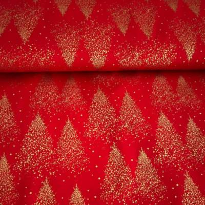Baumwolle - goldene Weihnachstbäume auf Rot - 50cm