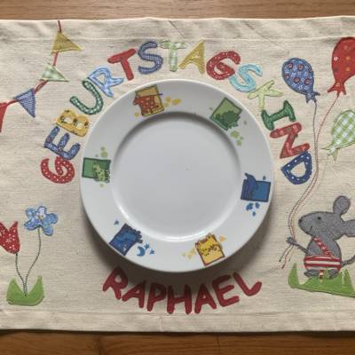 Tischset, Geburtstagskind, Tischdekoration, Geburtstag, Tischläufer, Geburtstagsdeko, Maus, Blumen, Baumwolle Luftballon