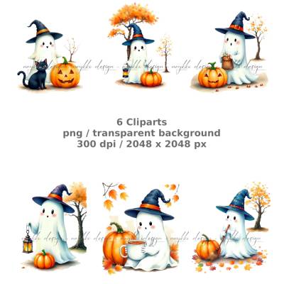 Halloween-Gespenst-Clipart-Bundle (6 Aquarell-Illustrationen) für Printables, Sublimation, kommerzielle Nutzung