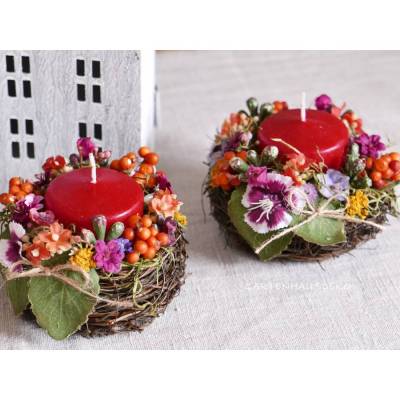 Herbstkranz Mini – Handgemachter herbstlicher Rebenkranz mit Kunstblüten & Teelicht