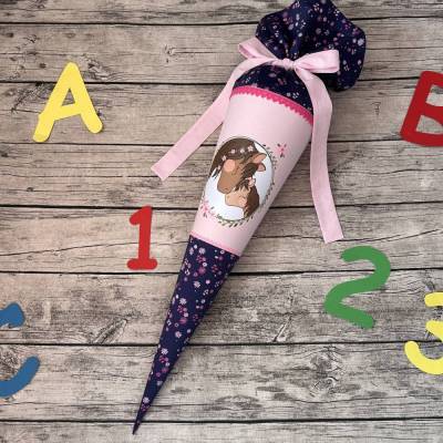 wunderschöne Schultüte Zuckertüte in Rosa & Blau mit Blumen und Pferden