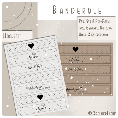 Druckvorlage Banderole Hochzeit – Hoch- & Querformat, gewerbliche Nutzung, elegante Designs