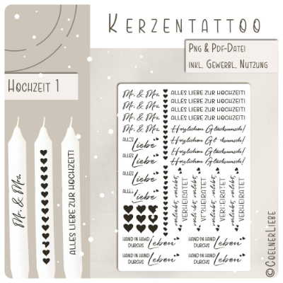 Druckvorlage Kerzentattoos Hochzeit für Stabkerzen | Design 1, gewerbliche Nutzung inkl.