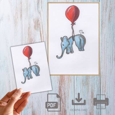 Postkarte, Poster, Illustration , fliegender Elefant, handgemalt, PDF Download