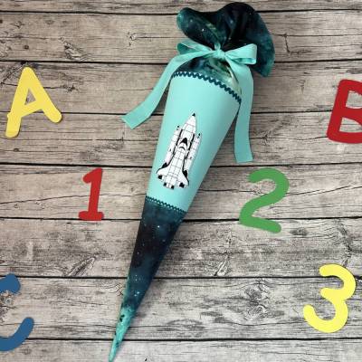 wundervolle Schultüte / Zuckertüte in Petrol & mint mit Raumschiff Rakete