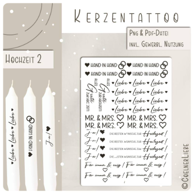 Kerzentattoos Hochzeit für Stabkerzen | Design 2, Druckvorlage DIY & gewerbliche Nutzung