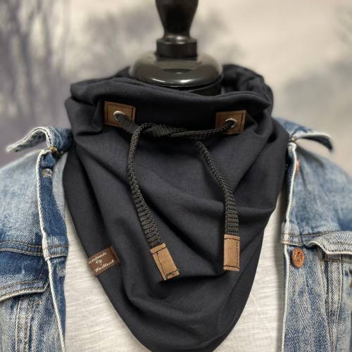 Schwarzer Loop Schal mit Tunnelzug – Dreiecksloop aus Jersey & Fleece, Kordel, Eyecatcher