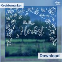 Fensterbild Vorlage für Kreidemarker, Herbst-Blätter im Wind als Fensterrahmen, ausdrucken & nachmalen, 76 cm breit Bild 1