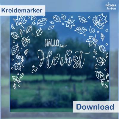 Fensterbild Vorlage für Kreidemarker, Herbst-Blätter im Wind als Fensterrahmen, ausdrucken & nachmalen, 76 cm breit